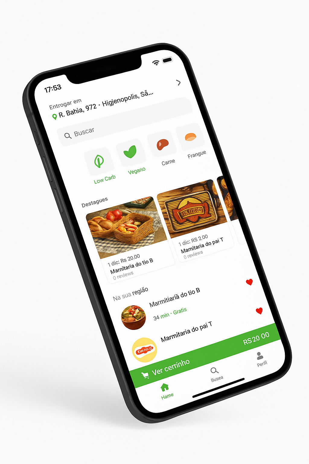 Interface do aplicativo Prontto mostrando marmitarias e categorias fitness